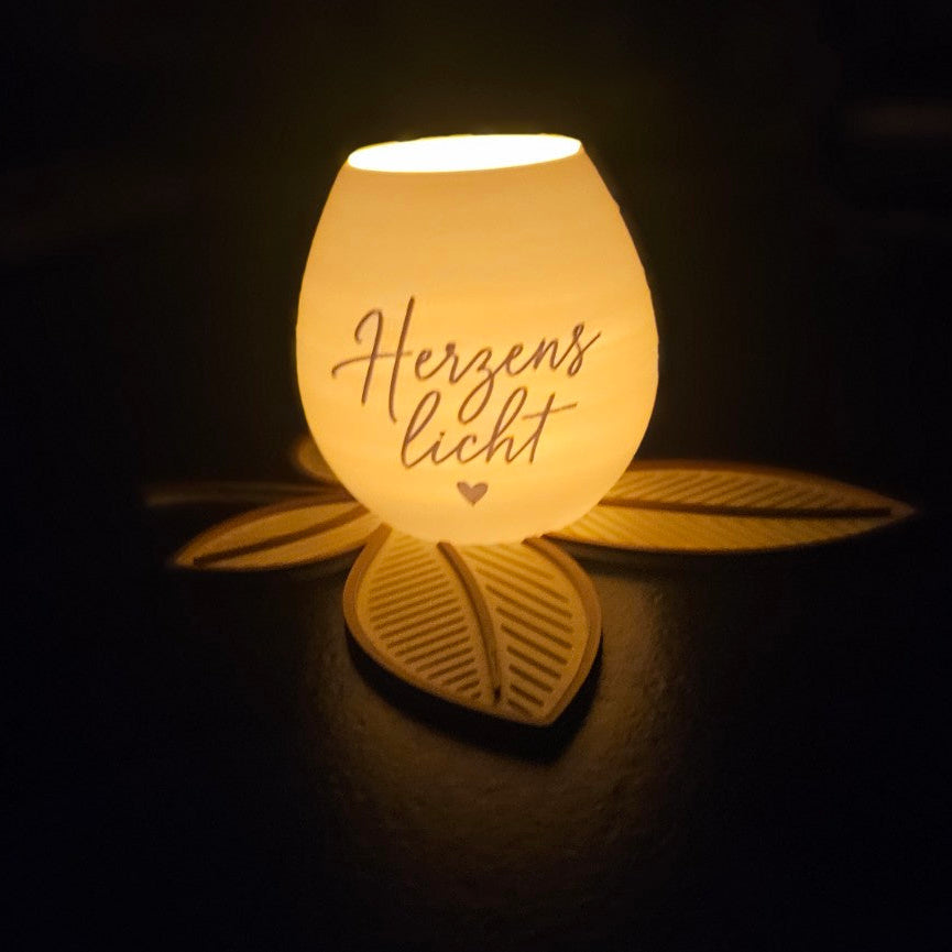 Herzenslicht, Windlicht mit Blätter-Untersetzer