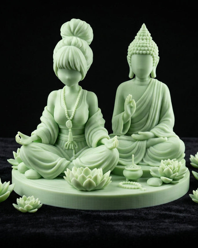 Meditationsfigur mit Buddha und Lotusblüten – 3D-Druck