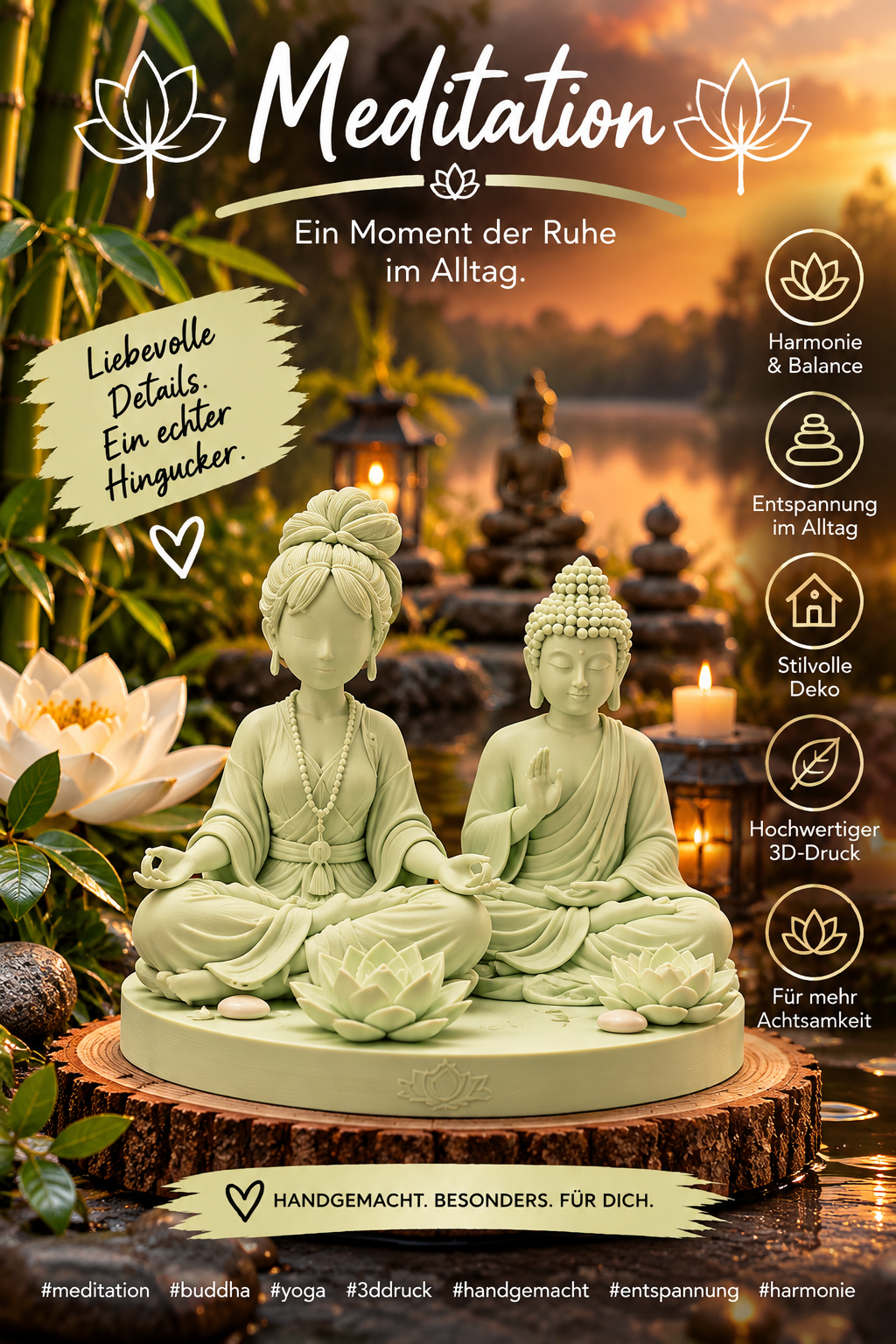 Meditationsfigur mit Buddha und Lotusblüten – 3D-Druck